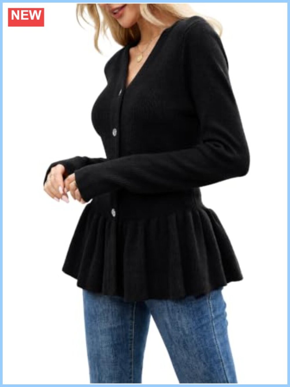 Women's Ribbed Knit Peplum Cardigan Button Down Ruffle V-Neck Long Sleeve